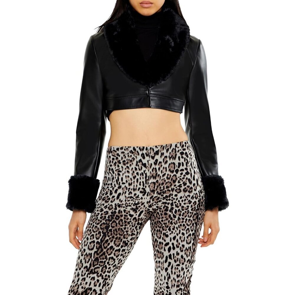 Women's Faux Leather & Fur Cropped Jacket Long Sleeves Black Faux Fur Cuffs